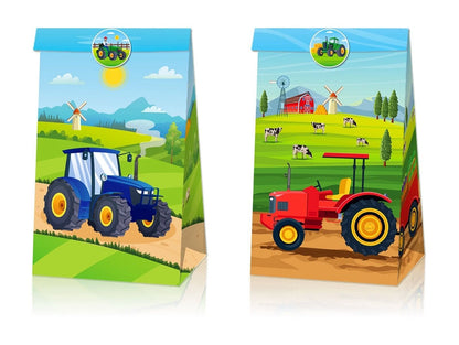 Tractor Theme Paper Gift Bags with Mini Stickers 12 Pack