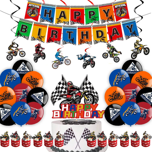 Motorbike Motocross Birthday Decoration Set - Banner Swirls Balloons Cake Toppers