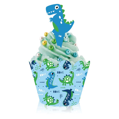 Pack of 12 Cartoon Cute Dinosaur Cupcake Toppers with Wrappers
