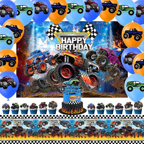 33pcs Monster Truck Theme Party Decorating Set | Birthday Backdrop Banner Balloons Cake Cupcake Toppers Tablecloth
