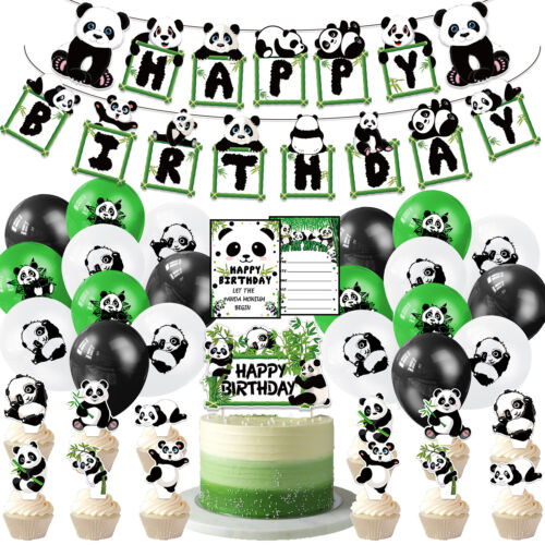 58pcs Panda Theme Party Decorating Set | Birthday Banner Balloons Cake Toppers Invitations
