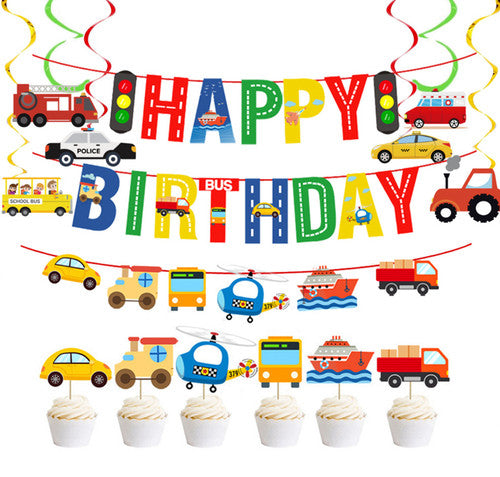 Transportation Vehicles Birthday Party Decoration Set – Banner Hanging Swirls Cupcake Toppers