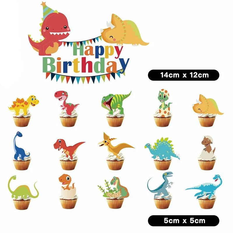 Cartoon Dinosaur Theme Party Decorating Set | Birthday Banner Balloons Cake Cupcake Toppers