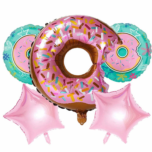 5pcs Pink Glazed Donut Shaped Foil Balloon Bundle