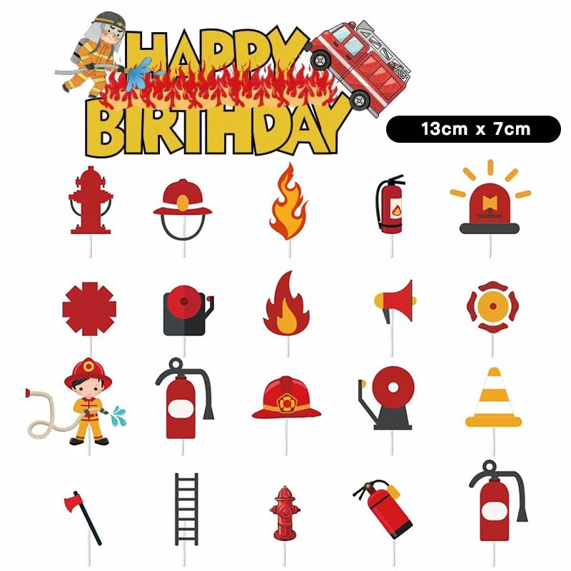 21pcs Fireman Fire Truck Cake Cupcake Toppers