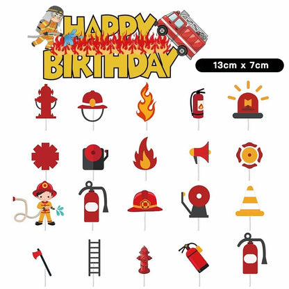 21pcs Fireman Fire Truck Cake Cupcake Toppers