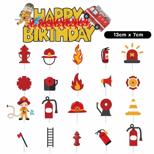 21pcs Fireman Fire Truck Cake Cupcake Toppers