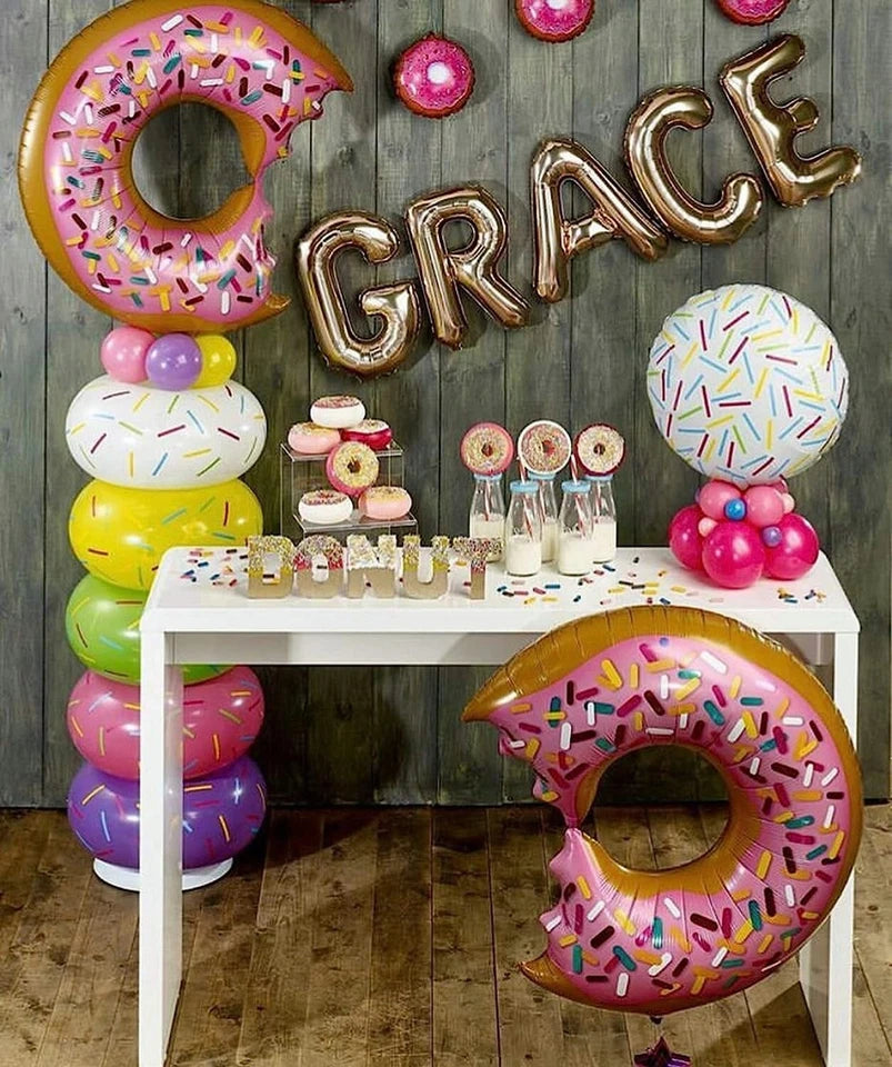 Pink Glazed Donut Shaped Foil Balloon Bundle 5 Pack