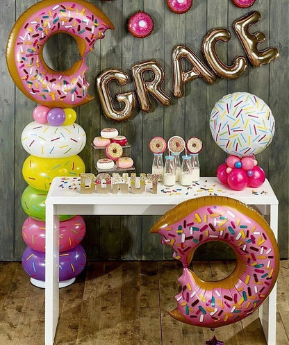 Pink Glazed Donut Shaped Foil Balloon Bundle 5 Pack