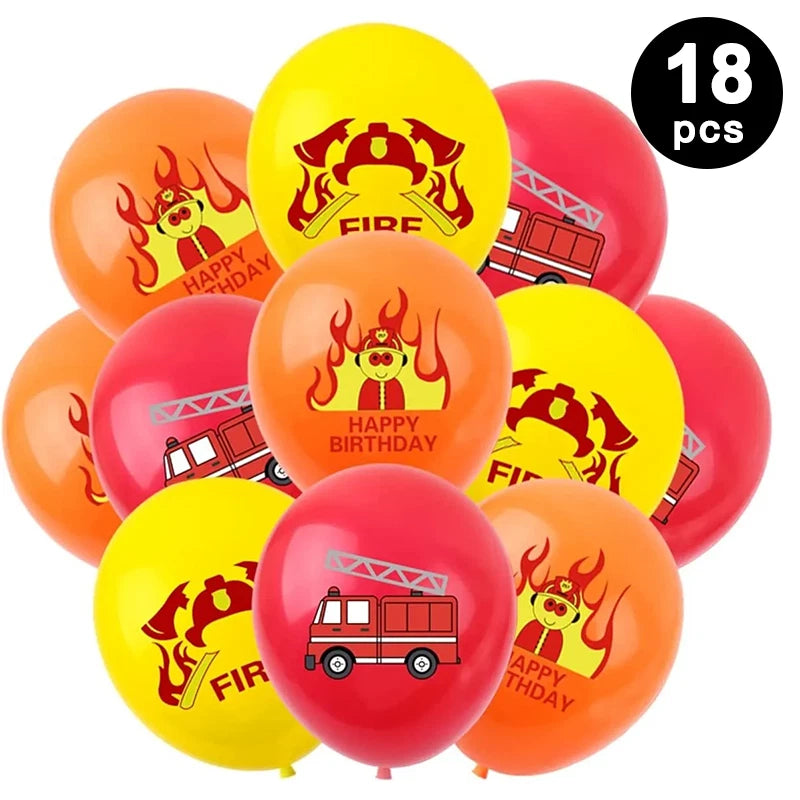 18pcs Fire Truck Fireman Printed 12 inch Latex Balloons