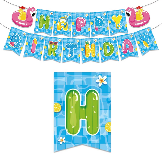 Swimming Summer Theme Birthday Party Decoration Set - Banner Balloons Cake Toppers