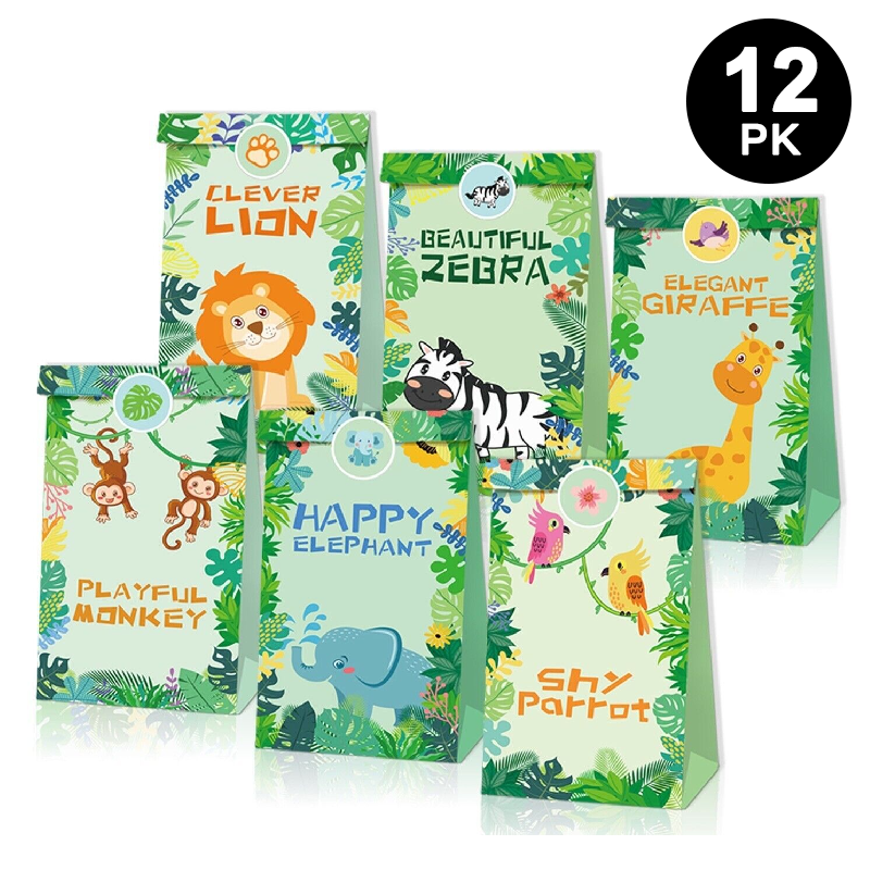 Jungle Animals Paper Gift Bags with Mini Stickers 12PK