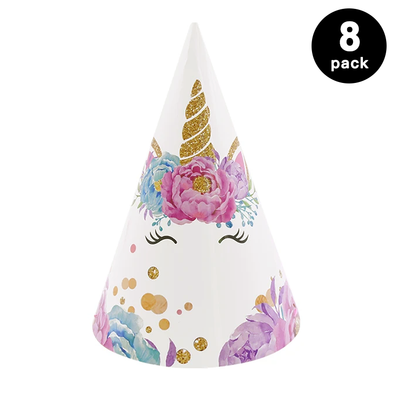 Unicorn Theme Birthday Party Coned Hats 8 Pack