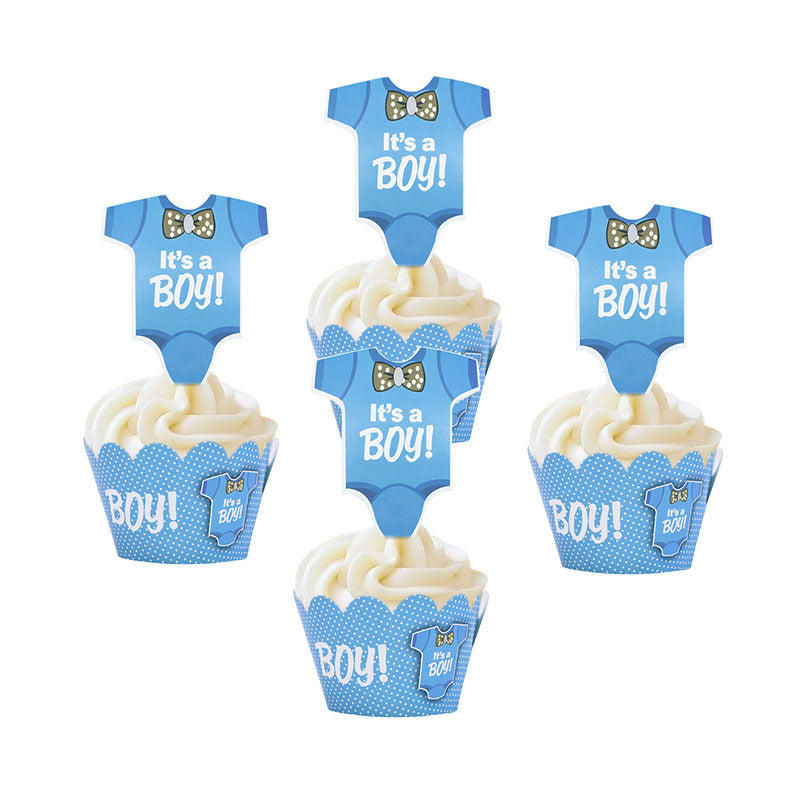 Gender Reveal Baby Shower Light Blue Boy Cupcake Toppers & Wrappers 12PK