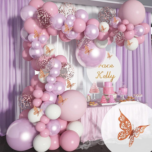 111pcs Barbie Pink Purple Balloon Garland Arch Kit | 3D Butterfly Stickers for Baby Shower Bridal Shower Wedding Birthday Party Decorations