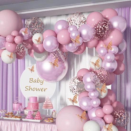 111pcs Barbie Pink Purple Balloon Garland Arch Kit | 3D Butterfly Stickers for Baby Shower Bridal Shower Wedding Birthday Party Decorations