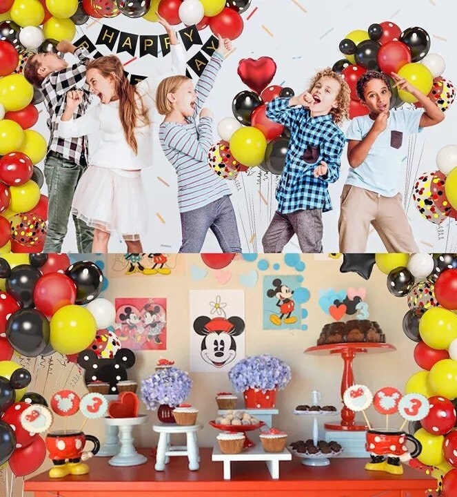 111pcs Mickey Mouse Theme Party Decorating Set | Birthday Banner | Red Black Yellow Balloon Garland Arch Kit for Kids Birthday Party Decor