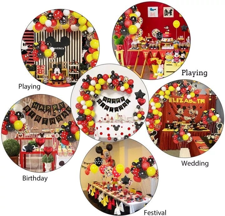 111pcs Mickey Mouse Theme Party Decorating Set | Birthday Banner | Red Black Yellow Balloon Garland Arch Kit for Kids Birthday Party Decor