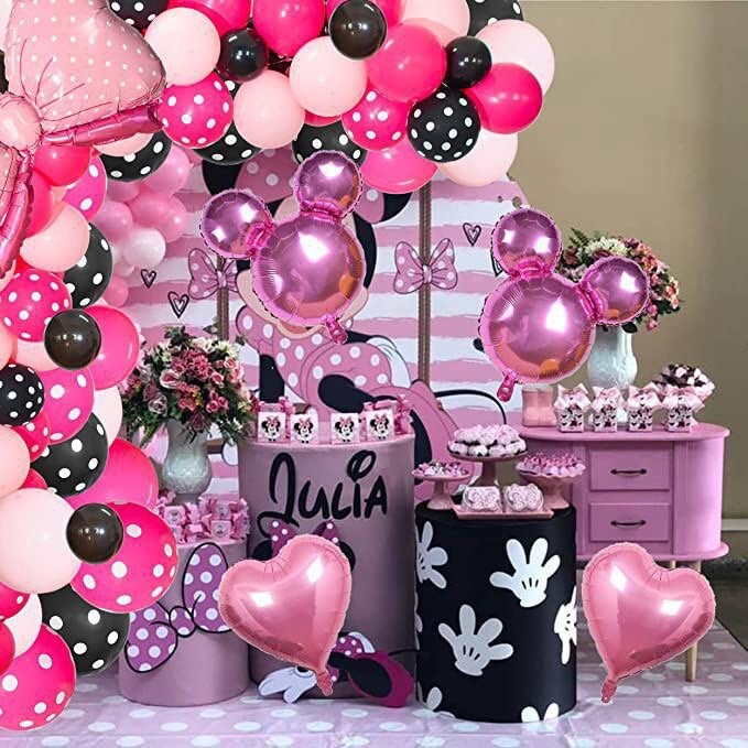 119pcs Minnie Mouse Theme Balloon Garland Arch Kit | Pink Bowknot Foil Balloons Black Pink Dots Balloons for Girls Birthday Party Decoration