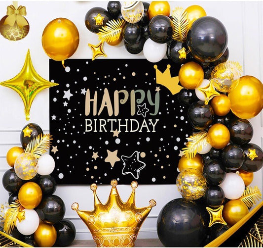 72Pcs Black and Gold Balloon Garland Kit Birthday Banner Crown Star Gold Confetti Balloons Gold Palm Leaves Birthday Party Decorations