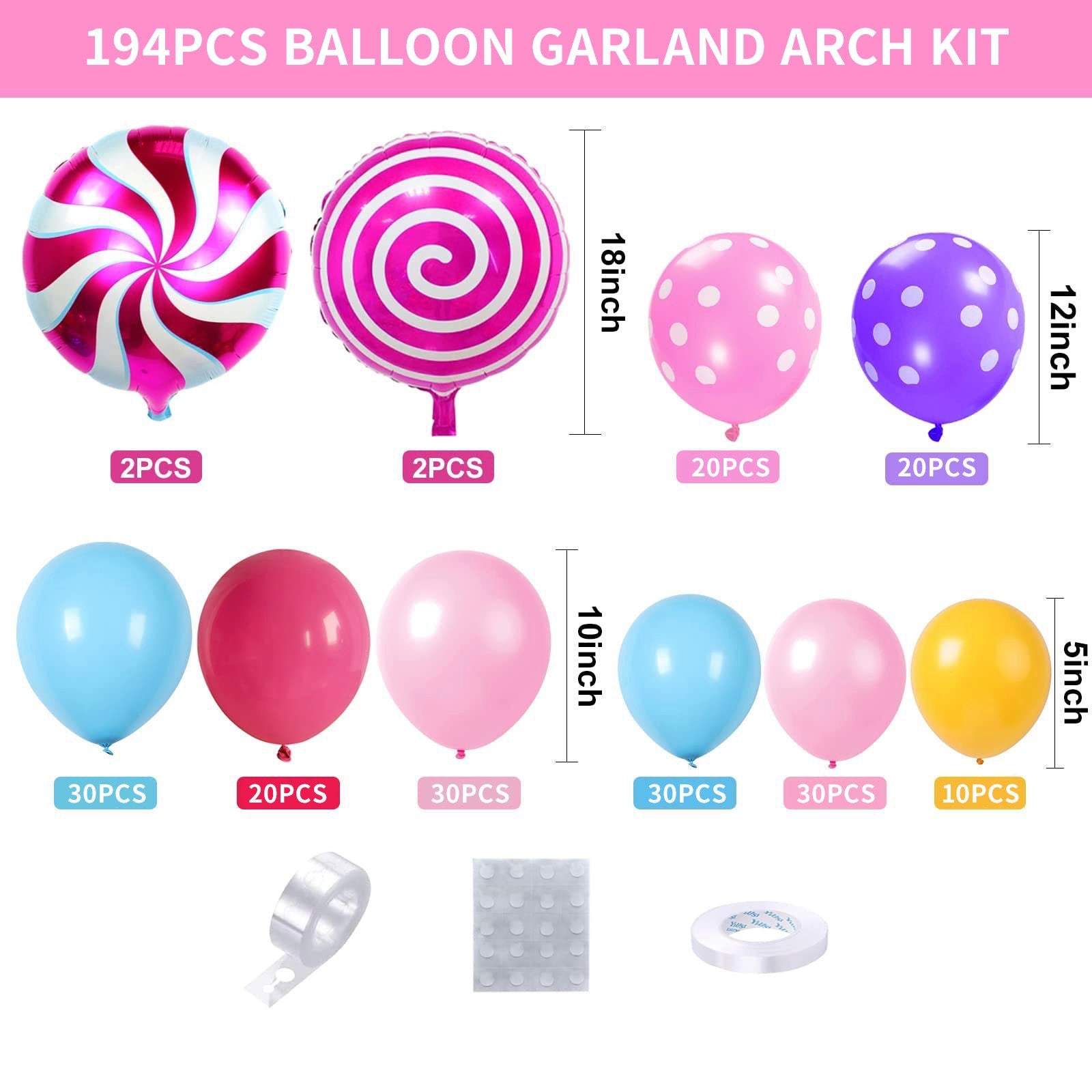 194Pcs Candy Lollipop Balloon Garland Arch Kit Pink Purple Light Blue Balloons for Baby Shower Kids Birthday Party Decorations