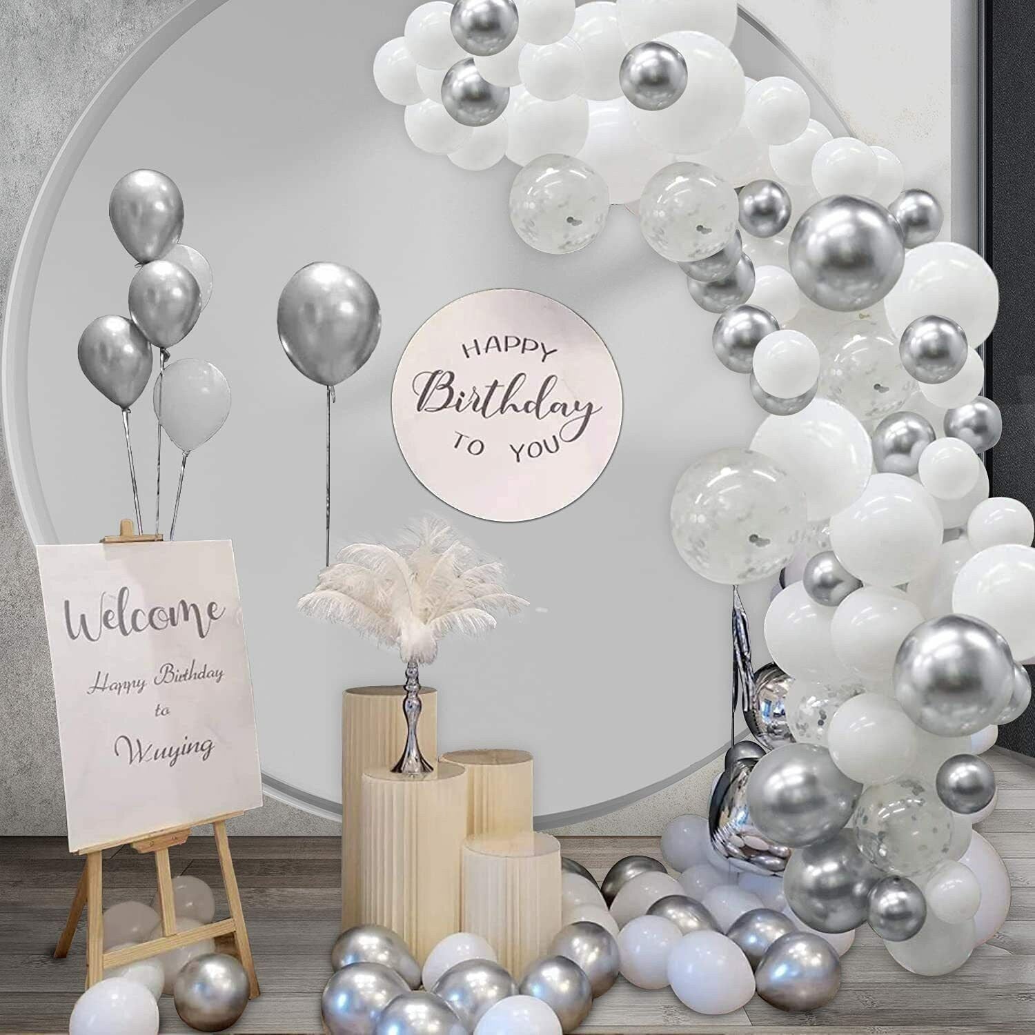 100pcs White Silver Balloon Garland Arch Kit | White Silver Metallic Confetti Balloons for Baby Shower Wedding Birthday Party Decorations