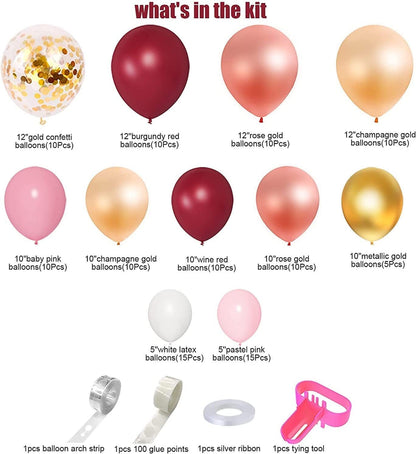 119pcs Burgundy Pink Gold Balloon Garland Arch Kit | Champagne Rose Gold Metallic Wine Red Pastel Pink Confetti Balloons Party Decorations
