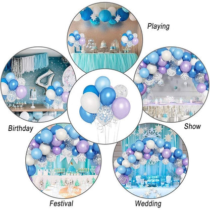 124pcs Frozen Theme Balloon Garland Arch Kit | Blue Purple White Confetti Snowflake Balloons for Baby Shower Kids Birthday Party Decorations