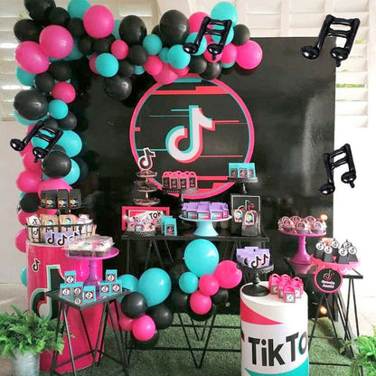139PCS Tik Tok Music Theme Balloon Garland | Rose Red Blue Black Balloon Arch Kit | Musical Note Balloons for Birthday Party Decorations