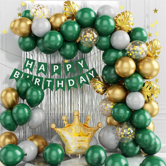 82pcs Gold Green Party Decorating Set | Birthday Banner | Balloon Garland | Crown Foil Balloon | Silver Curtain | Palm Leaves Party Decor