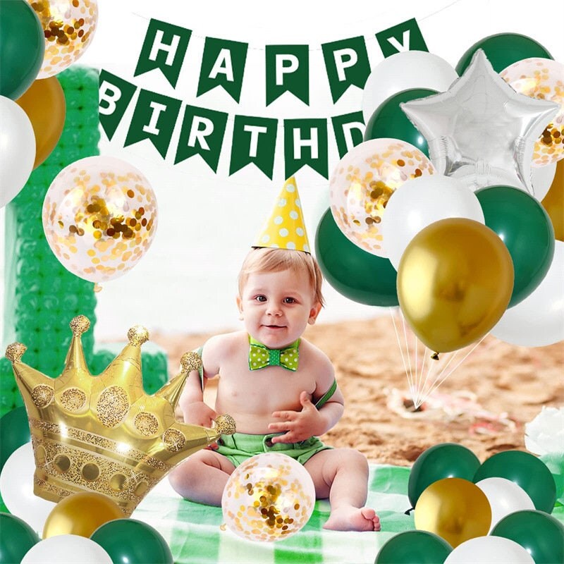 82pcs Gold Green Party Decorating Set | Birthday Banner | Balloon Garland | Crown Foil Balloon | Silver Curtain | Palm Leaves Party Decor