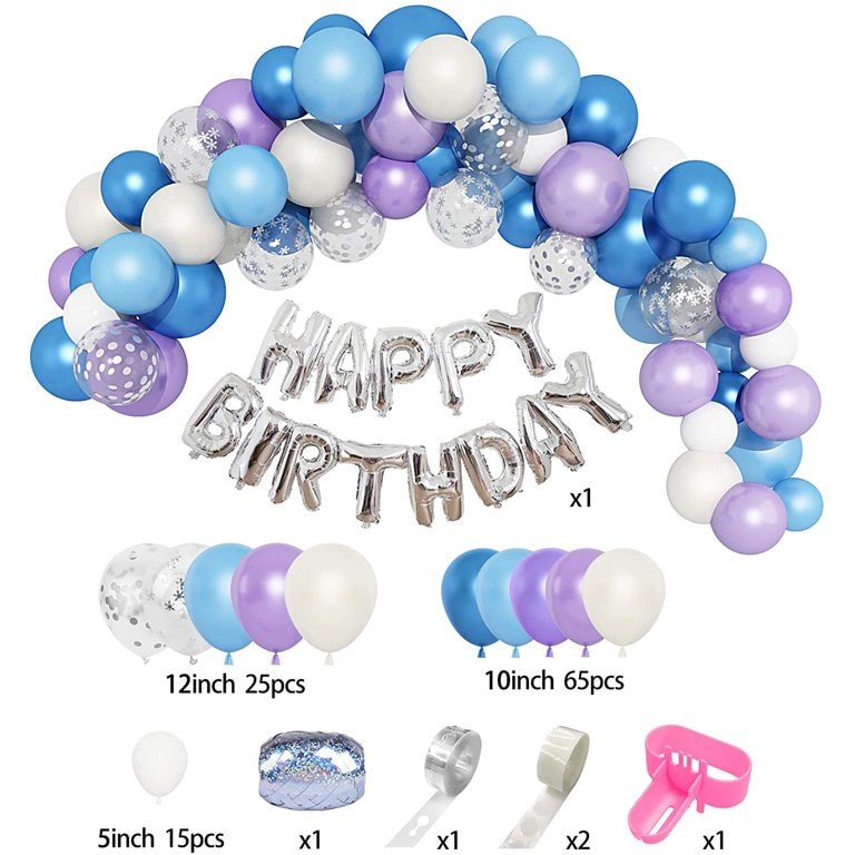 124pcs Frozen Theme Balloon Garland Arch Kit | Blue Purple White Confetti Snowflake Balloons for Baby Shower Kids Birthday Party Decorations