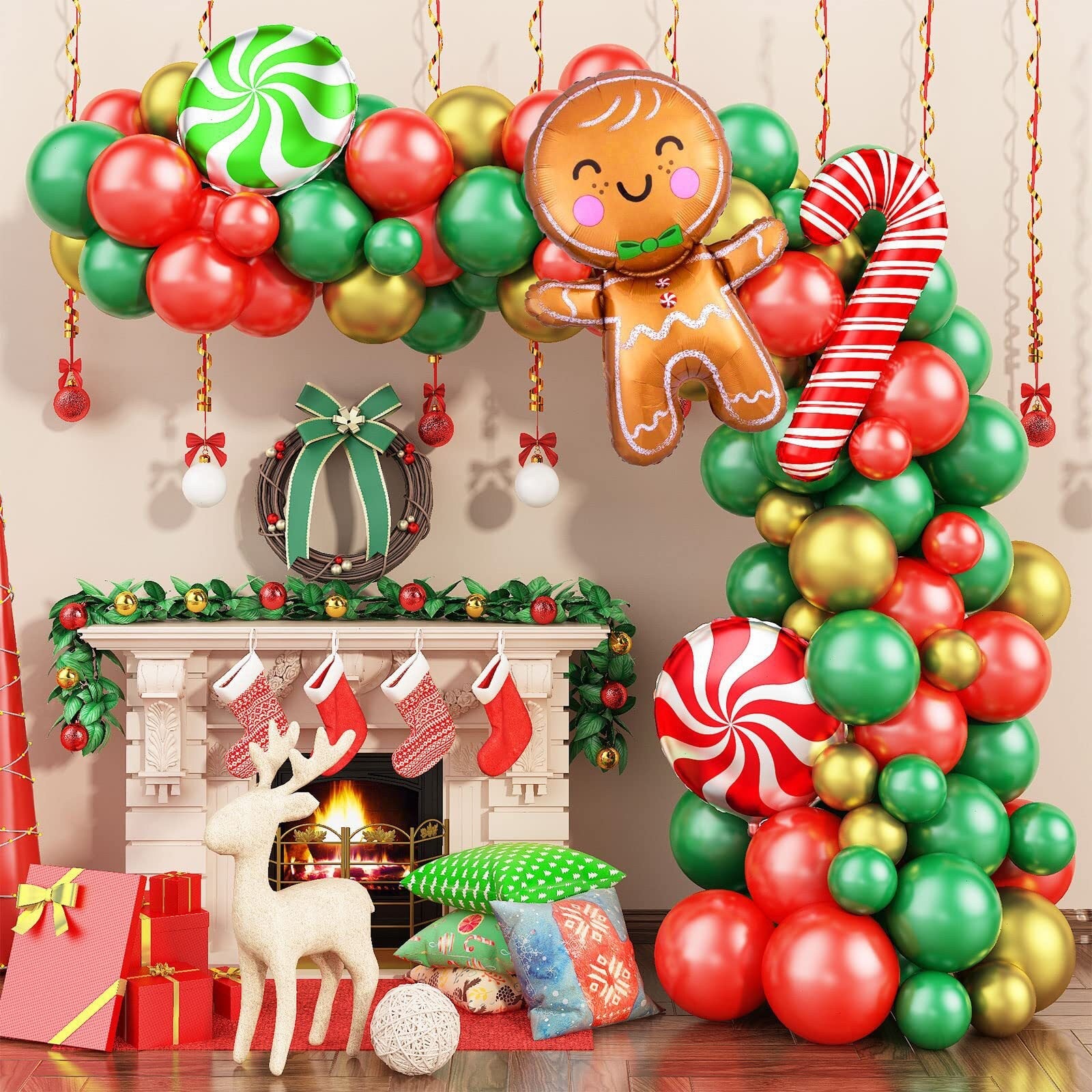 87Pcs Christmas Balloon Garland | Red Green Gold Balloon Arch Kit |  Gingerbread Candy Cane Lollipop Foil Balloons for Xmas Party Decor