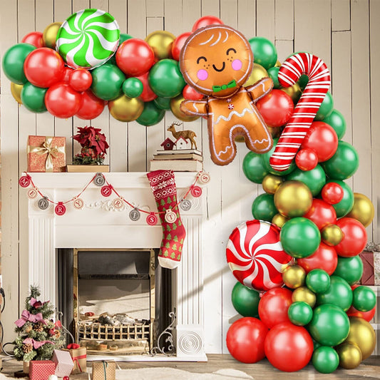 87Pcs Christmas Balloon Garland | Red Green Gold Balloon Arch Kit |  Gingerbread Candy Cane Lollipop Foil Balloons for Xmas Party Decor