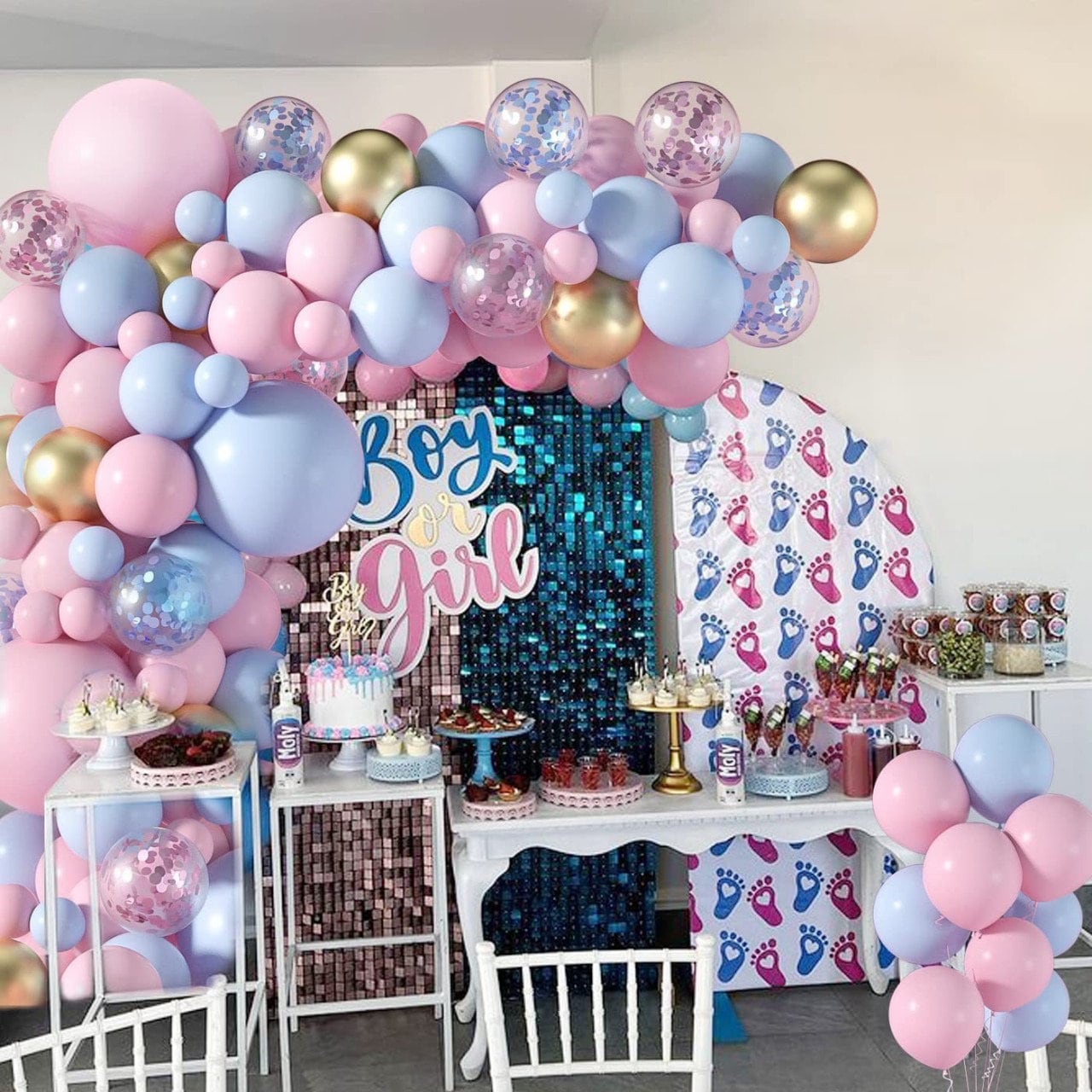 129pcs Macaron Pink Blue Balloon Garland | Metallic Gold Pink Blue Confetti Balloon Arch Kit for Gender Reveal Baby Shower Kids Birthday