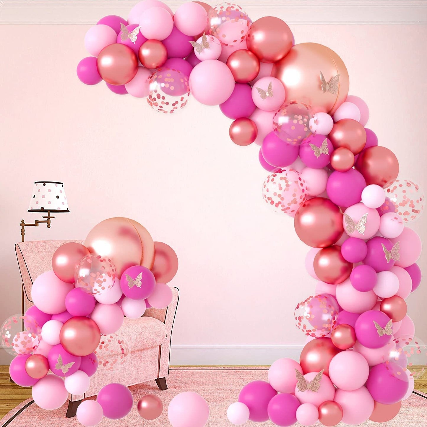 112pcs Pink Rose Gold Balloon Garland | Metallic Rose Gold Confetti Balloon Arch Kit with Butterfly Sticker for Baby Shower Wedding Birthday
