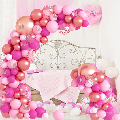 112pcs Pink Rose Gold Balloon Garland | Metallic Rose Gold Confetti Balloon Arch Kit with Butterfly Sticker for Baby Shower Wedding Birthday
