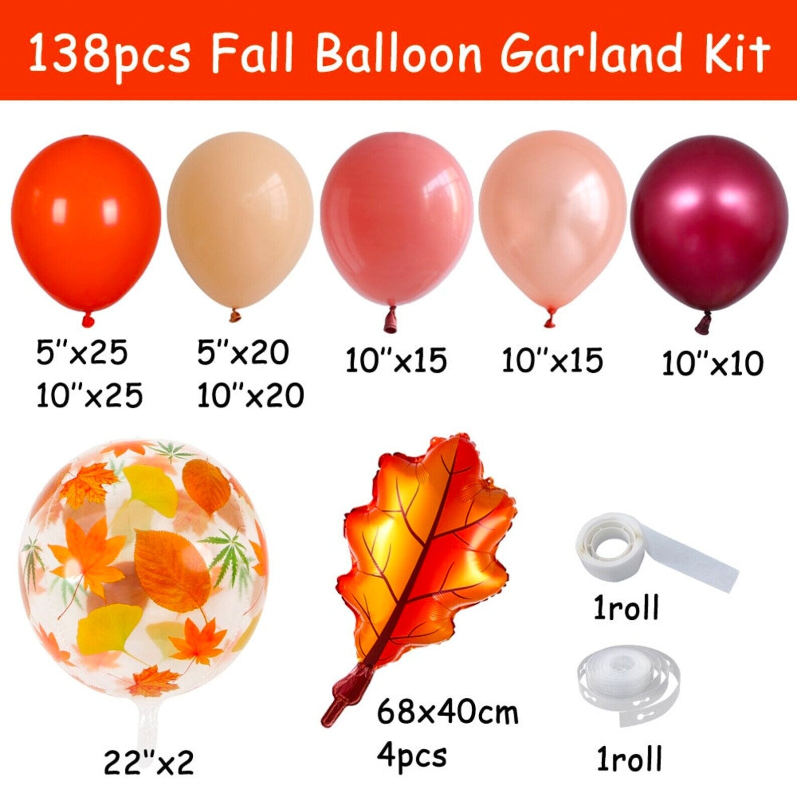 138pcs Fall Balloons Garland | Orange Burgundy Balloons Arch Kit with Maple Leaves for Autumn Harvest Thanksgiving Party Decorations