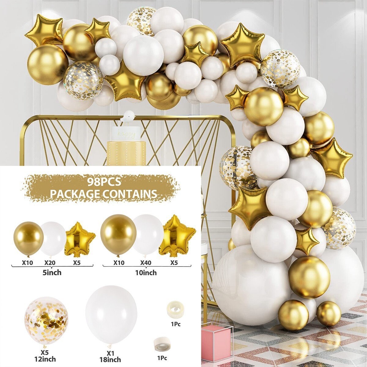 98pcs Whit Gold Balloon Arch Kit | Metallic Gold Star Confetti Balloon Garland for Baby Shower Birthday Party Wedding Anniversary New Year