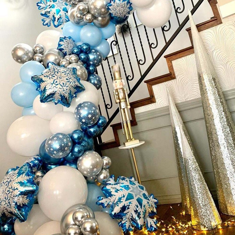 132pcs Snowflake Balloon Garland Arch Kit | Ice Snow White Blue Snowflake Star Balloons for Winter Frozen Theme Kids Birthday Party Decor