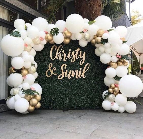 White Metallic Gold Confetti Balloon Garland Arch Kit with Palm Leaves | Wedding Baby Shower Birthday Anniversary Party Decorations